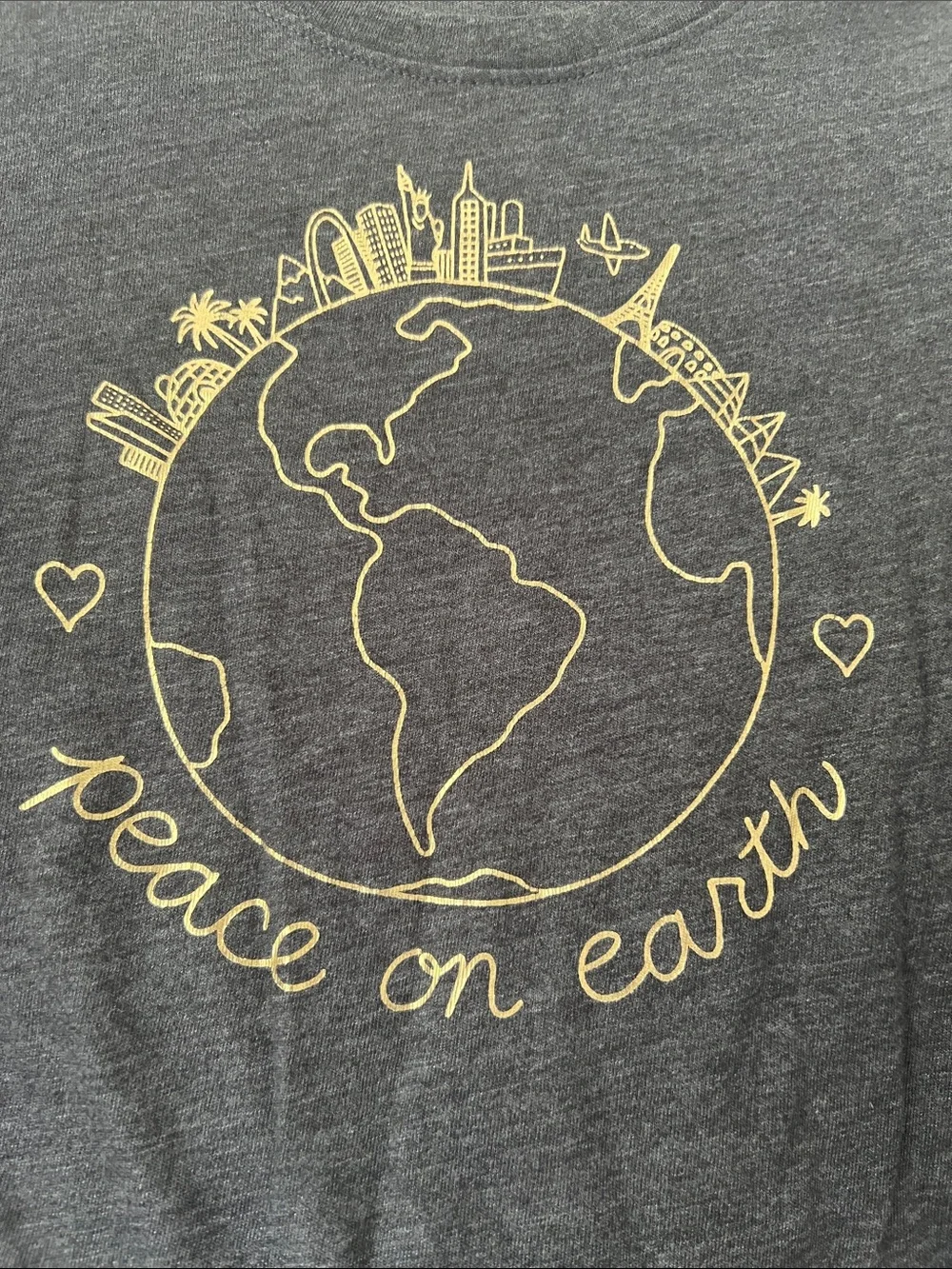 Old Navy Charcoal Long-Sleeve Tee with Gold 'Peace on Earth' Globe Graphic